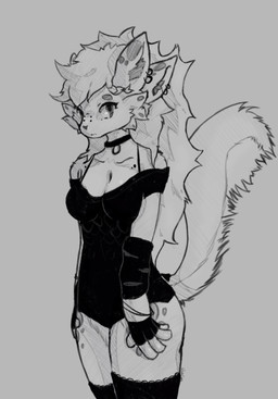 4_ears alternative_fashion anthro breasts clothing collar ear_piercing ear_ring female gloves goth hair handwear inner_ear_fluff long_hair mane multi_ear multiple_piercings piercing ring_piercing shirt solo topwear tuft wabbitears foxtail hybrid hi_res portrait