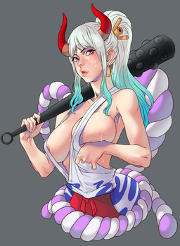areola areola_slip big_breasts bodily_fluids breasts clothed clothing ear_piercing eyelashes female front_view glistening glistening_breasts green_hair grey_background hair holding_object holding_weapon horn looking_at_viewer multicolored_hair piercing pink_areola ponytail purple_eyes red_horn simple_background solo sweat sweaty_breasts tan_body tan_skin two_tone_hair weapon weapon_on_shoulder white_clothing white_hair nero_undead asian_mythology east_asian_mythology japanese_mythology mythology one_piece yamato_(one_piece) demon horned_humanoid humanoid oni yokai absurd_res hi_res