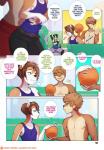 2019 adrian_iliovici anthro basketball berry_(tokifuji) blue_eyes bottomwear brown_body brown_fur brown_hair canid canine canis clothed clothing comic countershading dialogue digital_media_(artwork) domestic_dog duo_focus embrace english_text femboy fence fox fur green_eyes group hair hi_res hug male male/male mammal milo_stefferson mustelid otter outside shorts speech_bubble text tokifuji topless