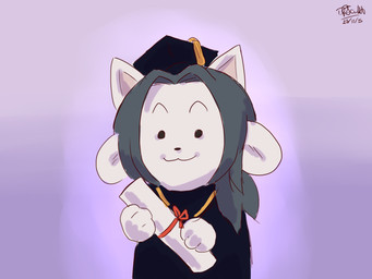 anthro clothing female fur grey_hair hair hat headgear headwear scroll solo white_body white_fur bloodinner undertale undertale_(series) temmie_(undertale) mammal tem 2015 4:3 hi_res