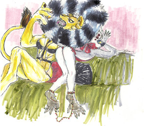 anthro breasts butt clothed clothing duo feet female female/female furniture jewelry licking lingerie markings sofa striped_markings striped_tail stripes tail tail_markings toes tongue tongue_out underwear yellow_eyes kyokyota felid lemur lion mammal pantherine primate ring-tailed_lemur strepsirrhine 2018 absurd_res hi_res traditional_media_(artwork)
