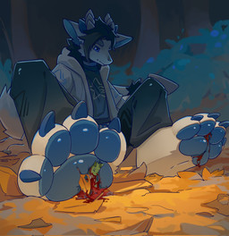 4_toes anthro autumn autumn_leaves black_bottomwear black_clothing black_hair black_pants blood blue_eyes blue_pawpads bodily_fluids bottomwear claws clothing death duo extreme_size_difference feet foot_fetish foot_focus fur gore green_body green_fur hair horn jacket male micro on_ground outside pants pawpads shirt size_difference stomping toe_claws toes topwear white_body white_fur muxifeng mythology dragon mythological_creature mythological_scalie scalie hi_res
