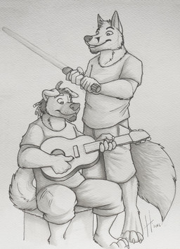 acoustic_guitar anthro bottomwear clothed clothing dreadlocks duo facial_markings floppy_ears guitar head_markings holding_guitar holding_lightsaber holding_musical_instrument holding_object lightsaber male male_anthro markings melee_weapon mouth_closed musical_instrument plucked_string_instrument shirt shorts simple_background sitting standing string_instrument t-shirt topwear weapon hufnaar star_wars canid canine canis domestic_dog fox mammal 2016 dated hi_res monochrome sketch traditional_media_(artwork)