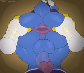 anthro balls blue_balls blue_body blue_butt blue_penis blue_scales brown_background butt clothing duo erection faceless_character faceless_male genitals handwear horn legwear looking_back male muscular muscular_male penis rear_view scales simple_background simple_eyes stretched_anus text thigh_highs vein veiny_penis white_clothing white_handwear kento267 verity_(thatmob) zoid_(e-zoid) humanoid absurd_res hi_res
