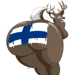 anthro antlers big_butt breasts brown_body brown_fur butt butt_focus female finnish_flag fur horn inner_ear_fluff looking_at_viewer looking_back one_eye_closed open_mouth scut_tail short_tail simple_background solo tail tuft wink imaranx deer mammal hi_res