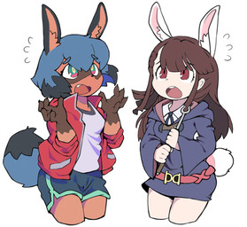 5_fingers alternate_species anthro black_body black_fur black_hair blue_body blue_eyes blue_fur blue_hair bottomwear breasts brown_body brown_fur brown_hair clothed clothing cute_fangs duo fangs female fingers fluffy fluffy_tail fur hair open_mouth simple_background surprised tail teeth white_background white_body white_fur mentha brand_new_animal little_witch_academia studio_trigger atsuko_kagari michiru_kagemori animal_humanoid canid canine canis humanoid hybrid lagomorph lagomorph_humanoid leporid_humanoid mammal mammal_humanoid rabbit_humanoid raccoon_dog tanuki 2020 absurd_res digital_media_(artwork) hi_res portrait three-quarter_portrait