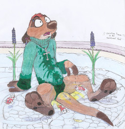 bodily_fluids budded_cross christian_cross christian_symbol clothing cross cross_necklace ear_piercing eyebrow_piercing facial_piercing feet flower fountain fur genital_fluids jewelry leaf leotard looking_at_another male necklace omorashi outside pee_on_clothes pendant piercing plant religion religious_symbol simple_background sitting sitting_in_water soaked solo spread_legs spreading stone_wall stone_work surprised tail tail_tuft tuft underwater urine wall_(structure) water wet wet_body wet_clothing wet_fur wetting timon-berkowitz christianity disney the_lion_king timon aquatic cyprinid cypriniform fish goldfish absurd_res hi_res traditional_media_(artwork)