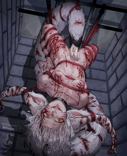 animal_ears bdsm bell big_ears big_tail biped blood bodily_fluids bondage bondage_gear bound breasts breasts_tied collar ear_piercing feet female gore hair hanging_by_tail hanging_upside_down inner_ear_fluff looking_at_viewer markings nails ofuda ofuda_on_vulva piercing restraints rope rope_bondage sharp_nails sharp_toenails small_breasts solo tail tail_tied talisman tamaraa tied_ears toenails toes tuft upside_down whisker_markings white_ears white_hair white_tail wounded tamaara lulu_the_lewd canid canine fox humanoid mammal absurd_res hi_res