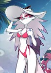 anthro beak bikini breasts clothing cloud duo eyebrows eyelashes eyewear feather_hair feathers female grin hat headgear headwear male mature_female pseudo_hair raised_eyebrow red_body red_eyes red_skin small_breasts smile sun_hat sunglasses swimwear two-piece_swimsuit centinel303 helluva_boss blitzo_(helluva_boss) stella_(helluva_boss) avian avian_demon bird demon humanoid imp owl_demon 2024 hi_res