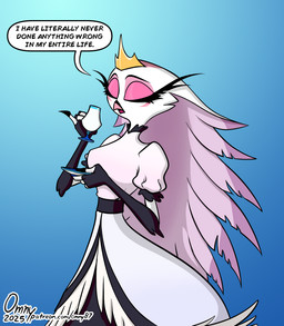 anthro clothing container crown cup dialogue dress eyelashes eyes_closed eyeshadow feathers female gesture headgear long_eyelashes makeup pink_body pink_eyeshadow pink_feathers raised_finger raised_pinky saucer solo speech_bubble tea_cup text tiara white_body white_clothing white_dress omny87 hellaverse helluva_boss stella_(helluva_boss) avian bird demon owl english_text