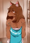 anthro breasts brown_body brown_ears brown_eyes brown_fur brown_hair cleavage clothed clothing female fur hair humor pun solo towel lightsource angel_(lightsource) canid canine canis domestic_dog mammal hi_res