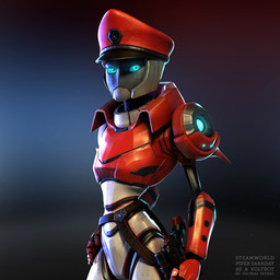 alternate_universe bent_arm blue_eyes blue_sclera blurred_background clothing featureless_crotch female female_humanoid fingers glowing glowing_eyes grey_body gun hand_on_hip hand_on_own_hip hat headgear headwear holstered_pistol light machine metallic_body mouth_closed multicolored_body noseless not_furry peaked_cap ranged_weapon red_body red_clothing red_hat red_headwear solo standing text weapon thomas_veyrat steamworld steamworld_heist_(series) piper_faraday humanoid robot robot_humanoid 1:1 2019 3d_(artwork) absurd_res adobe_photoshop_(artwork) artist_name autodesk_3ds_max_(artwork) character_name colored digital_media_(artwork) english_description english_text half-length_portrait hi_res lighting portrait shaded substance_painter_(artwork) zbrush_(artwork)