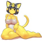 anthro bandage big_breasts black_eyes blush breasts cleavage clothed clothing egyptian egyptian_clothing egyptian_headdress eyelashes female grey_hair hair huge_breasts looking_at_viewer short_hair simple_background solo thick_thighs white_background wide_hips wraps nobunagapero animal_crossing nintendo ankha_(animal_crossing) domestic_cat felid feline felis mammal hi_res