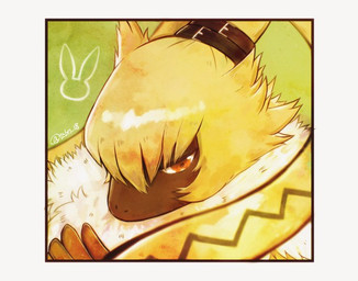 anthro belt clothing fluffy fluffy_chest fur gloves handwear long_ears male orange_eyes ponytail_ears solo yellow_body yellow_fur tcbn_18 bandai_namco digimon digimon_ghost_game digimon_(species) symbareangoramon bust_portrait portrait