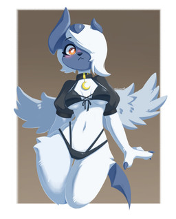 anthro anthrofied bikini black_bikini black_clothing black_swimwear blush breasts clothing collar eyebrows eyelashes feathered_wings feathers female fur hair hair_over_eye heart_symbol hip_tuft horn medium_breasts navel orange_eyes pokemorph solo swimwear thick_thighs thigh_gap tuft two-piece_swimsuit under_boob white_body white_fur white_hair wide_hips wings miakameron nintendo pokemon generation_6_pokemon mega_absol mega_evolution pokemon_(species) 2025 absurd_res hi_res