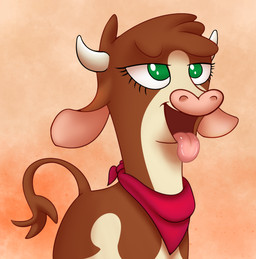 2_horns abstract_background brown_body brown_fur brown_hair brown_tail clothing explicit_source female feral fur green_eyes hair horn kerchief multicolored_body multicolored_fur open_mouth pink_nose smile solo tail tongue tongue_out toony two_tone_body two_tone_fur formal_gentleman them's_fightin'_herds arizona_cow_(tfh) beef_cattle bovid bovine cattle hereford_cattle mammal 2015 digital_media_(artwork)
