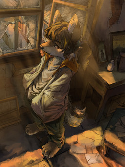 4_toes anthro bangs barefoot biped bird's-eye_view claws clothed clothed_anthro clothed_male clothing countershade_feet countershading feet foreshortening hair high-angle_view light male male_anthro perspective plantigrade pose short_hair solo standing three-quarter_view toe_claws toes zhuxue zhuguang_yu_xue_ye canid canine canis mammal wolf 3:4 digital_media_(artwork) digital_painting_(artwork) full-length_portrait hi_res lighting painting_(artwork) portrait shaded simple_shading warm_colors
