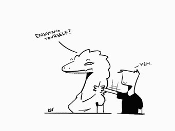 anthro breasts dialogue duo eyebrow_wiggle eyebrows female hair looking_at_another male male/female motion_lines neck_tuft petting raised_arm raised_eyebrows short short_hair size_difference smile text tuft deltav anon dinosaur dromaeosaurid human mammal prehistoric_species reptile scalie theropod 4:3 animated english_text short_playtime signature