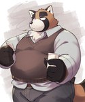 anthro belly big_belly black_nose bottomwear brown_body clothing humanoid_hands kemono male overweight overweight_male pants shirt simple_background smoking solo sweater sweater_vest topwear vest kinoshita-jiroh canid canine mammal raccoon_dog tanuki 2024 hi_res