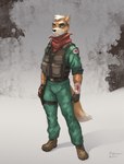 5_fingers anthro bandage bandaged_arm black_nose blood bodily_fluids boots bulletproof_vest clothed clothing fingerless_gloves fingers footwear fur gloves hair handwear humanoid_hands kerchief male orange_body orange_fur shoes solo standing white_hair marsonaut nintendo star_fox fox_mccloud canid canine fox mammal 2024 hi_res signature story story_in_description