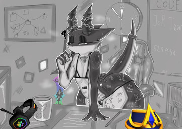 anthro barcode barcode_tattoo bdc body_writing bulge butt chain collar container cup desk eyes_mostly_closed femboy furniture gaming gaming_chair half-closed_eyes horn jpc_pet lipstick makeup male mug narrowed_eyes office question_mark slutty_face solo spade_tattoo table tail tattoo pung pung_kung mythology dragon mythological_creature mythological_scalie scalie hi_res