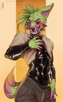 anthro clothing latex male muscular solo suit tongue psychobirb canid canine canis mammal wolf absurd_res hi_res