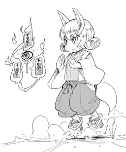 5_fingers anthro asian_clothing biped bottomwear cjk_character clothed clothed_anthro clothing east_asian_clothing female fingers footwear fur geta hair hakama humanoid_hands japanese_clothing jumping magic_user simple_background socks solo tabi_socks tengu_geta three-quarter_view ookamiuo canid canine fox mammal 2007 digital_media_(artwork) japanese_description monochrome