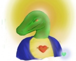 anthro green_body heart_symbol male orange_eyes simple_background solo white_background robotduck raptor_jesus dinosaur dromaeosaurid prehistoric_species reptile scalie theropod velociraptor