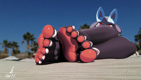 5_toes anthro claws feet female foot_fetish foot_focus humanoid_feet looking_over palm_tree pawpads photo_background plant plantigrade pokemorph solo toe_claws toes tree idel nintendo pokemon generation_4_pokemon lucario pokemon_(species) hi_res mixed_media photography_(artwork)