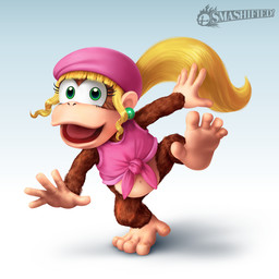 5_toes anthro barefoot blonde_hair brown_body brown_fur clothing ear_piercing feet female fur green_eyes hair hat headgear headwear jewelry long_hair looking_at_viewer nails navel open_mouth piercing ponytail simple_background soles solo toenails toes tongue artsyomni donkey_kong_(series) nintendo super_smash_bros. dixie_kong haplorhine mammal monkey primate hi_res