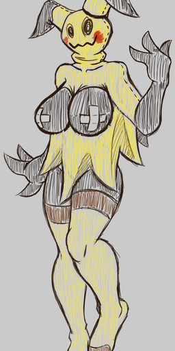 alternate_species big_breasts black_body black_eyes blush breasts clothing cosplay curvy_figure disguise female footwear huge_breasts humanoidized legwear looking_at_viewer mask nipple_tape pasties pokedex poncho simple_background smile socks solo standing suit tape thick_thighs voluptuous wide_hips forbiddenknights2 nintendo pokemon fan_character generation_7_pokemon ghost humanoid mimic mimikyu pokemon_(species) spirit 2016 absurd_res crayon_(artwork) hi_res traditional_media_(artwork)