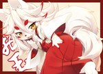 amber_eyes anthro asian_clothing bent_over border butt clothed clothing east_asian_clothing female fully_clothed fur hair hand_on_butt japanese_clothing kemono kimono long_hair looking_back messy_hair multi_tail open_mouth pupils rear_view red_border simple_background slit_pupils smile solo standing tail teasing text white_body white_fur white_hair kishibe touch_fluffy_tail otama_(character) canid canine fox mammal 2013 japanese_text red_theme