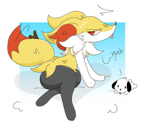3_fingers 3_toes ambiguous_anthro ambiguous_feral ambiguous_gender anthro arm_tuft biped black_body black_eyes black_nose blep border cheek_tuft chest_tuft crossed_legs digitigrade dipstick_tail duo emanata eyebrows eyelashes facial_tuft feet feral fingers floppy_ears fur furrowed_eyebrows gradient_background hip_tuft markings multicolored_body multicolored_fur narrowed_eyes no_pupils nude_ambiguous nude_anthro object_in_tail orange_body orange_fur orange_nose orange_tail_tip pointy_ears prick_ears shoulder_tuft side_view simple_background sitting solo_focus stick stick_in_tail tail tail_markings tapering_snout text toes tongue tongue_out tuft two_tone_tail white_body white_border white_fur yellow_body yellow_fur yellow_tail guzzlord420 nintendo pokemon braixen canid canine canis domestic_dog generation_6_pokemon mammal pokemon_(species) 2026 aliasing binary_drawing cel_shading colored digital_drawing_(artwork) digital_media_(artwork) english_description english_text full-length_portrait hi_res portrait shaded