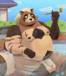 anthro balls barazoku bathing belly big_belly detailed_background flaccid genitals male moobs navel nipples outside overweight overweight_male penis scar sitting solo water hrolleif xxl_woofia kagekuni_(xxl_woofia) canid canine mammal raccoon_dog tanuki 2025 hi_res