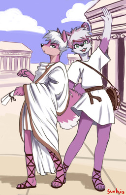 anthro architecture clothing duo gesture looking_at_viewer male male/male musical_instrument outside percussion_instrument roman standing tambourine toga urban waving sunhuiz saltus_(sunhuiz) salutus_(sunhuiz) canid canine mammal absurd_res hi_res