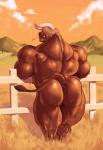 against_fence against_surface anthro anus back_muscles biceps big_anus big_butt big_muscles biped bodily_fluids brown_hair butt clenched_teeth cloud fence field grass hair hair_over_eyes hay horn huge_muscles hyper hyper_muscles leaning leaning_forward leaning_on_fence looking_back male manly mature_male mountain muscular muscular_anthro muscular_male nature nude outside plant pose sky solo standing sweat tail tail_aside teeth tree wood wood_fence mezcal_(artist) bovid bovine cattle mammal hi_res