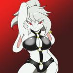 breasts clothing female fur hair lingerie looking_at_viewer red_eyes smile solo white_body white_fur white_hair vibershot lagomorph leporid mammal rabbit 1:1 hi_res