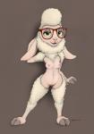 2017 anthro bedroom_eyes bovid breasts brown_background caprine cloven_hooves dawn_bellwether disney domestic_sheep ecmajor eyelashes eyewear female front_view fur genitals glasses green_eyes half-closed_eyes happy hi_res hooves looking_at_viewer mammal narrowed_eyes nipples nude pose pussy seductive shaved sheep simple_background smile solo wool_(fur) zootopia