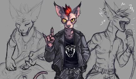 anthro belt black_belt black_clothing black_topwear bottomwear clothed clothing ear_piercing ear_ring electric_guitar eyes_closed facial_piercing front_view grey_bottomwear grey_clothing grey_jacket grey_pants grey_topwear guitar hair jacket lip_piercing lip_ring looking_at_viewer male musical_instrument pants piercing playing_guitar playing_music plucked_string_instrument pupils red_hair ring_piercing short_hair singing slit_pupils solo standing string_instrument topwear unsigned whiskers acidic cid_(acidic) domestic_cat felid feline felis mammal colored_sketch partially_colored sketch sketch_page