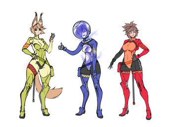 armor black_hair blue_bodysuit blue_clothing blue_hair blue_skinsuit bodysuit breasts bubble_helmet clothing female gesture green_bodysuit green_clothing green_skinsuit group hair hand_gesture headgear helmet inner_ear_fluff looking_at_viewer medium_breasts nude red_bodysuit red_clothing red_skinsuit simple_background skinsuit small_breasts smile standing tail thumbs_up tight_clothing trio tuft white_background randomtanstudio alien alien_humanoid animal_humanoid canid canid_humanoid canine canine_humanoid fox_humanoid humanoid mammal mammal_humanoid