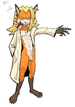 4_toes 5_fingers anthro balls bangs blonde_hair blue_eyes bottomless bottomless_male cigar cigar_in_mouth clothed clothing coat countershading ear_piercing ear_ring exposed extended_arm feet fingers flaccid foreskin fur furrowed_eyebrows genitals grin hair hand_in_pocket looking_at_viewer male nipples no_underwear object_in_mouth open_trenchcoat orange_body orange_fur penis piercing pockets popped_collar prosthetic prosthetic_hand pubes ring_piercing robotic_hand sharp_teeth simple_background smile smoke solo standing teeth toes topwear trenchcoat unretracted_foreskin white_background hieronymusjohnson frey_(mots) canid canine fox mammal hi_res