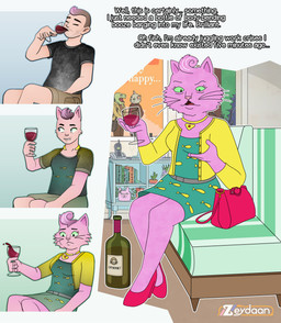 age_difference age_progression alcohol alliteration beverage bottomwear breast_grab breast_squish breasts clothing container cup dress drinking_glass female footwear fur furniture gender_transformation glass glass_container glass_cup green_eyes hand_on_breast handbag high_heels jewelry male mtf_transformation necklace older_female on_sofa pink_body pink_fur shirt shoes shorts sitting sitting_on_sofa sofa solo squish t-shirt text topwear transformation transformation_sequence whiskers wine wine_bottle wine_glass axiomtf zeydaan_(artist) bojack_horseman netflix princess_carolyn domestic_cat felid feline felis mammal persian_cat english_text hi_res