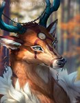 antlers black_nose blurred_background brown_body brown_fur fluffy fur gear horn light solo white_body white_fur rhythmpopfox deer mammal 2022 artist_name detailed digital_media_(artwork) lighting shaded