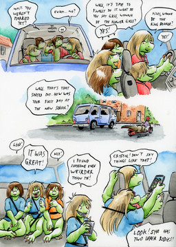 2_heads 3_toes 4_fingers adolescent bent_arm big_hands blonde_hair blue_clothing blue_shirt blue_sky blue_t-shirt blue_topwear blue_van blue_vehicle bottomless brick brick_wall brown_body brown_hair building claws clothed clothing coat day dialogue door dot_eyes driving earless electronics eye_contact eyes_closed feet female fingers front_view furgonomic_seat furgonomic_vehicle furgonomics glass_window green_body group hair holding_object holding_phone inside long_hair looking_aside looking_at_another male medium_truck multi_head open_mouth orange_claws orange_clothing orange_eyes orange_shirt orange_t-shirt orange_topwear outside phone phone_screen photo plant plantigrade purple_clothing purple_topwear quadruped raised_hand red_clothing red_coat red_shirt red_t-shirt red_topwear road scooter seat_belt sharp_teeth shirt short_hair short_tail shrub sidewalk simple_background simple_eyes sitting sky smile snout speech_bubble sprawling_gait straight_hair t-shirt tail tapering_tail teeth text thick_tail toes tongue topwear tree truck van vehicle wall_(structure) white_background window young cervelet crystal_(growing_troubles) kazuli_(growing_troubles) liz_(growing_troubles) miles_(growing_troubles) zillie_(growing_troubles) lizard lizard_taur long_taur reptile reptile_taur scalie scalie_taur taur 2023 comic english_text hi_res multiple_scenes painting_(artwork) shaded signature traditional_media_(artwork) traditional_painting_(artwork) traditional_watercolor_(artwork) watercolor_(artwork) brother_(lore) brother_and_sister_(lore) daughter_(lore) mother_(lore) mother_and_child_(lore) mother_and_daughter_(lore) mother_and_son_(lore) parent_(lore) parent_and_child_(lore) parent_and_daughter_(lore) parent_and_son_(lore) sibling_(lore) sister_(lore) sisters_(lore) son_(lore)