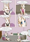 anthro bed bedroom blue_eyes blush dialogue door duo female furniture mate_(beverage) plushie red_eyes sofa teddy_bear text window yerba_mate young liryal prairie_(liryal) tilcara_(liryal) alpaca camelid lagomorph leporid mammal rabbit absurd_res comic english_text hi_res