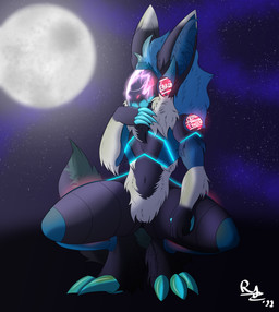 3_toes 5_fingers ambiguous_gender anthro black_body black_fur blue_body blue_claws blue_fur blue_hair blue_inner_ear_fluff blue_tongue claws covering covering_mouth covering_own_mouth covering_self crouching cybernetics detailed_background dipstick_ears ear_markings facial_scar feet fingers full_moon fur glowing glowing_eyes glowing_scar hair inner_ear_fluff machine markings moon multicolored_body multicolored_ears multicolored_fur navel nude open_mouth outside scar screen screen_face sharp_teeth solo teeth text thick_thighs toes tongue tuft white_body white_fur ryshokka_syre ryshokka_syre_(character) protogen 2022 digital_media_(artwork) english_text hi_res signature