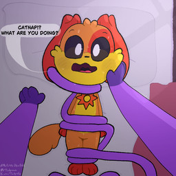 anthro bdsm bed bedding black_eyes blanket blush blush_lines bodily_fluids bondage bound charm_(jewelry) dialogue duo ears_down fur furniture head_grab jewelry long_ears male male/male necklace on_bed open_mouth orange_body orange_fur paws pillow pivoted_ears pupils purple_body purple_fur sweat sweatdrop tail tail_around_another tail_around_body tail_around_leg tail_around_neck tail_around_partner tail_bondage tail_tied text tongue touching_face white_pupils yellow_body yellow_fur tinky mob_entertainment poppy_playtime smiling_critters catnap_(poppy_playtime) dogday_(poppy_playtime) canid canine canis domestic_cat domestic_dog felid feline felis mammal 1:1 url