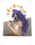 absurd_res anthro bandage black_nose bread brown_body brown_fur canid canine canis comic dialogue digital_media_(artwork) eating eating_food female female_anthro food fur hair happy hi_res mammal mythological_canine mythological_creature mythology nude_female open_mouth purple_hair rekidesu simple_background solo tsukiko_(rekidesu) were werecanid werecanine werewolf wolf yellow_eyes