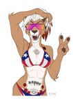 5_fingers abs anthro bikini breasts brown_body brown_fur claws cleavage clothed clothing eyewear fangs female finger_claws fingers flag_bikini front_view fur gesture hair hand_gesture hand_on_head highlights_(coloring) licking licking_lips muscular muscular_female navel pose puerto_rican_flag_bikini red_hair rose_tattoo simple_background solo sunglasses swimwear tattoo teeth tongue tongue_out two-piece_swimsuit v_sign white_background white_body white_fur white_hair multyashka-sweet ivy_(bronx23) cougar felid feline mammal digital_media_(artwork) half-length_portrait hi_res portrait