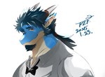 anthro blue_body blue_hair blue_scales bow_tie clothing ear_piercing ear_ring facial_hair goatee hair horn long_hair looking_at_viewer male muscular muscular_male piercing ring_piercing scales shirt sideburns solo topwear white_clothing white_shirt white_topwear t0rlk071 anothereidos_of_dragon_vein_r mythology folker_(anothereidos_r) dragon mythological_creature mythological_scalie scalie hi_res